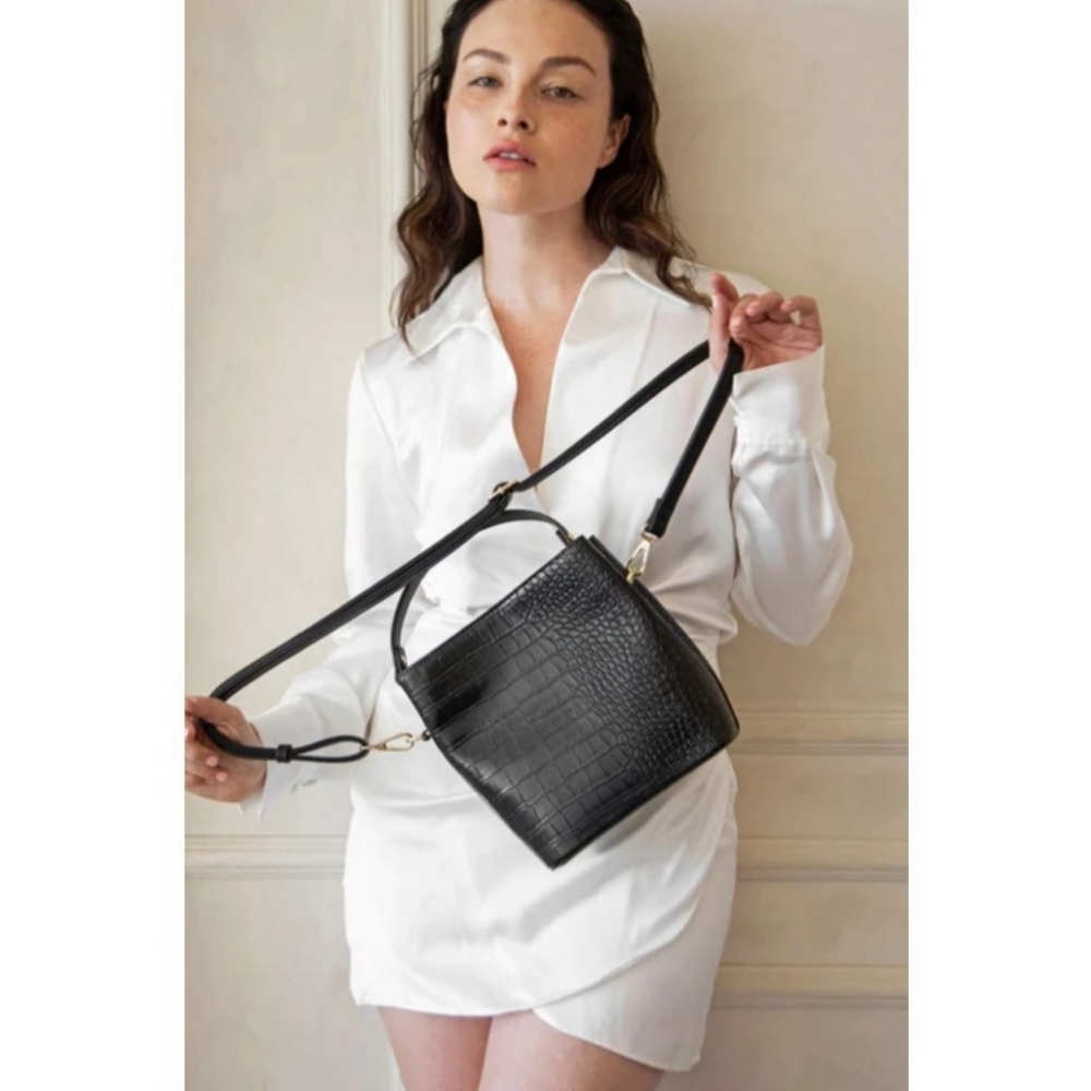 Black Croc-Embossed ALL OF THE ABOVE Elena Bucket Bag New